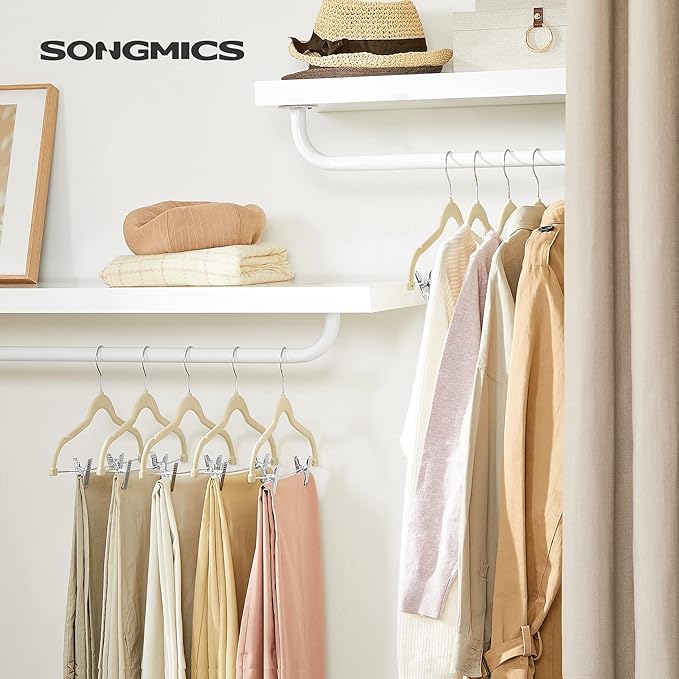 SONGMICS 20-Pack Pants Hangers, 16.7-Inch Long Velvet Hangers with Adjustable Clips, Heavy-Duty, Non-Slip Skirt Hangers, Space-Saving for Pants, Skirts, Coats, Dresses, Sandy Beige UCRF012K20