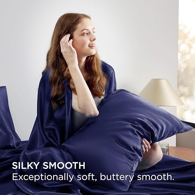 Bedsure Satin Sheets King Size - 4 Piece Silky Bedsheets with 15 Inches Deep Pocket Fitted Bedsheet,1 Flat Sheet, 2 Satin Pillowcases, Good for Hair & Skin (King, Navy)
