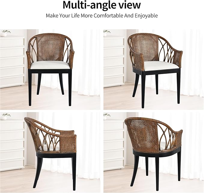 DUHOME Wood Rattan Arm Accent Chair Natural Wash/White Cushion Side Armchair Gianni Brown & Black Solid Living Room Chair for Dining Room Bedroom Office Foyer Arm Chair