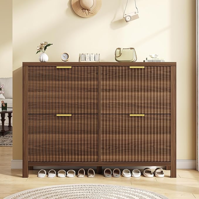 Shoe Cabinet Storage for Entryway, Fluted Shoe Cabinet with 4 Flip Drawers, Hidden Shoe Rack Freestanding Wooden Shoe Organizer with Legs for Hallway, Walnut