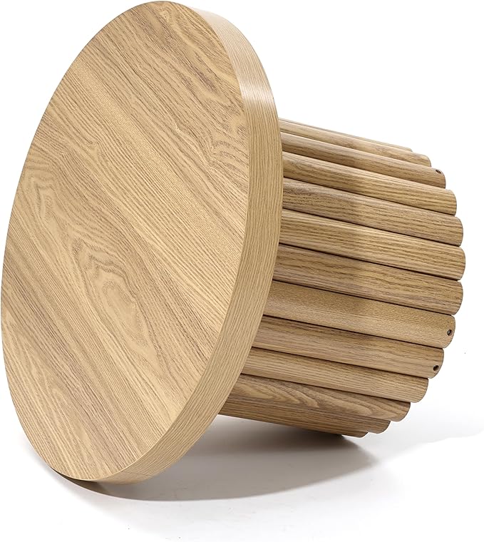 LuxenHome End Table, 23.6" Wide Brown Wood Fluted Round Coffee Table Modern Side Table for Living Room Round Wood Accent Table Bedroom Small Table