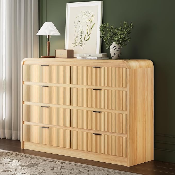 FURSUN Fluted 8 Drawers Dresser for Bedroom, 55" Wide Wooden Dresser with Metal Handle, Curved Profile Design, Modern Storage Organizer for Bedroom, Living Room, Hallway, Natural Oak