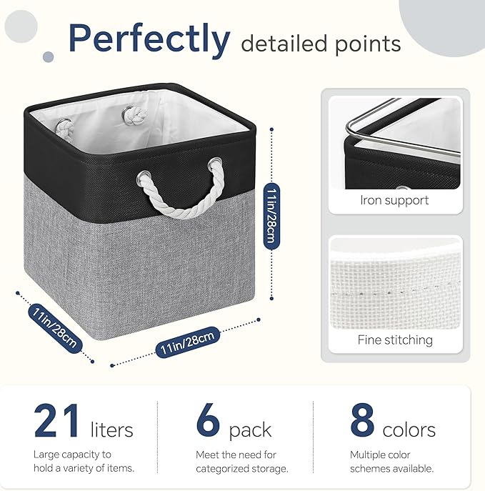Fabric Cubes Storage Basket, 6 Pack 11x11 in with Handles Cube Storage Bins, for Shelves, Home, Office Organizers (Black/ Gray)