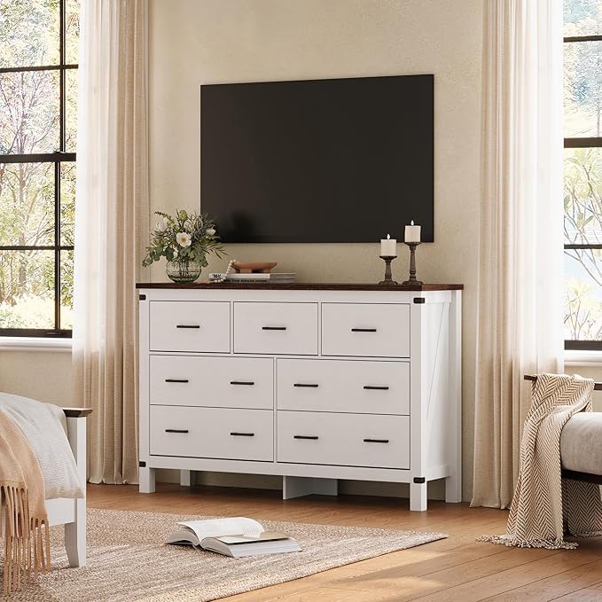 LINSY HOME Farmhouse Dresser for Bedroom with 7 Drawers, 53” Wide Rustic Wood Chest with Deep Drawer, Modern Dressers with Storage and Metal Handles for Closet, Living Room, Hallway, Off White