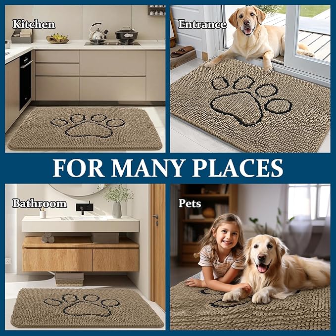 OLANLY Dog Door Mat for Muddy Paws 24x16, Paw Print Design, Absorbs Moisture and Dirt, Absorbent Non-Slip Washable Doormat, Quick Dry Chenille Mud Mat for Dogs, Entry Indoor Entryway Carpet, Tan