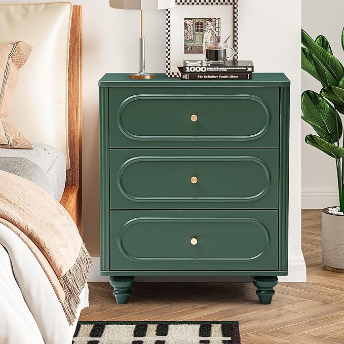 3 Drawer Fluted Dresser for Bedroom Set of 2, Mid Century Modern Chest of Drawers, Wood Storage Small Dresser Organizer for Bedroom Living Room Hallway Closet, Green