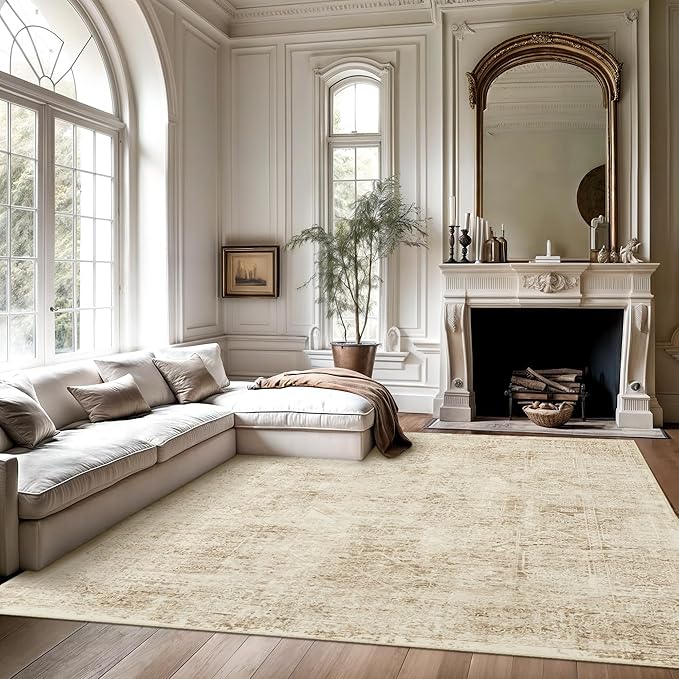 Washable Area Rug 8x10, Large Soft Rugs for Living Room Vintage 8x10 Area Rugs for Bedroom Dining Room Floral Non-Slip Thin Brown