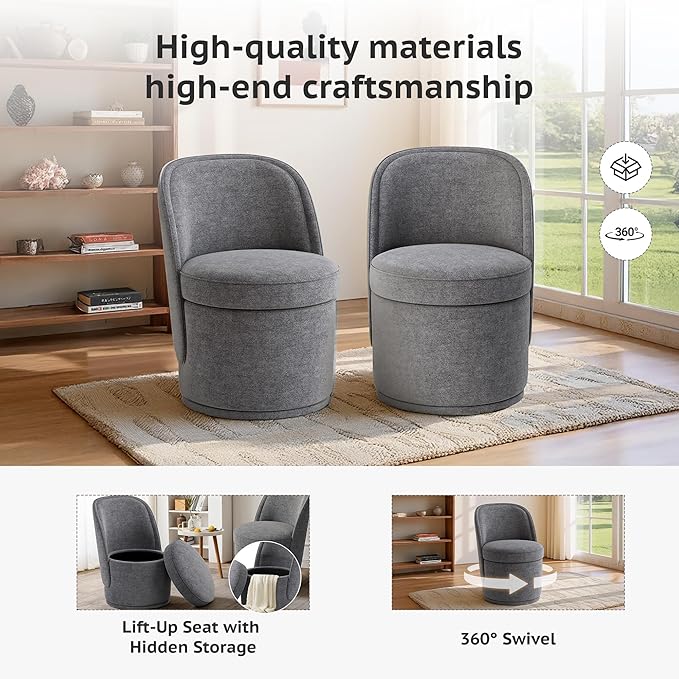 Swivel Accent Chair Set of 2, 360° Swivel Round Chair with Hidden Storage, Vanity Chairs, Modern Small Barrel Armchair for Living Room/Bedroom, Darkgrey
