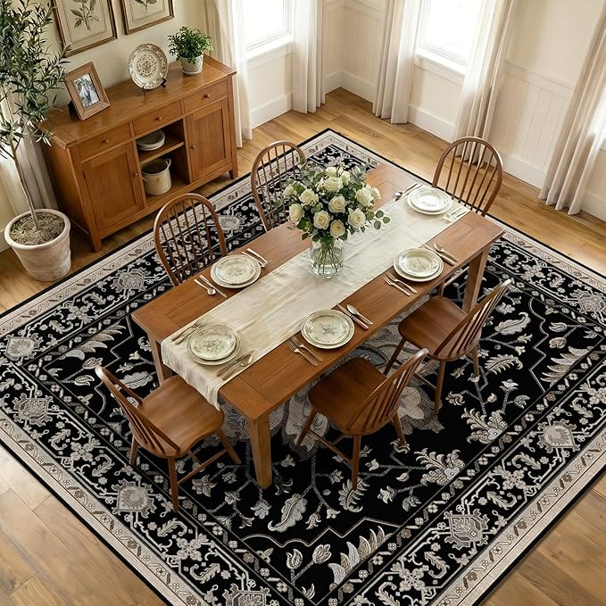 Area Rugs Square 10ft Washable Non-Slip, Floral Vintage Distress Print Pattern Medallion Carpet for Living Room Bedroom Dining Room, Black Brown Neutral Dark Tan