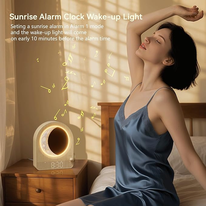Sunrise Alarm Clocks for Bedrooms, Stepless Dimmable Moon Lamp Dual Alarm Clock with 12Levels Volume for Heavy Sleepers, 10 Natural Sounds with 30/60/90mins Timer, Gifts for Women