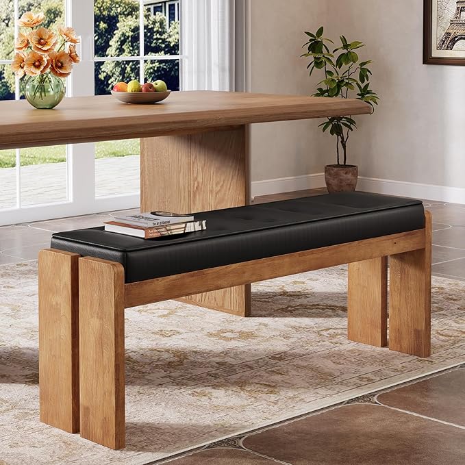 47-Inch Solid Wood Entryway Bench, Modern End of Bed Bench with Button-Tufted Leather Pad and Wooden Legs, for Living Room, Bedroom, Kitchen, Hallway, Black & Brown