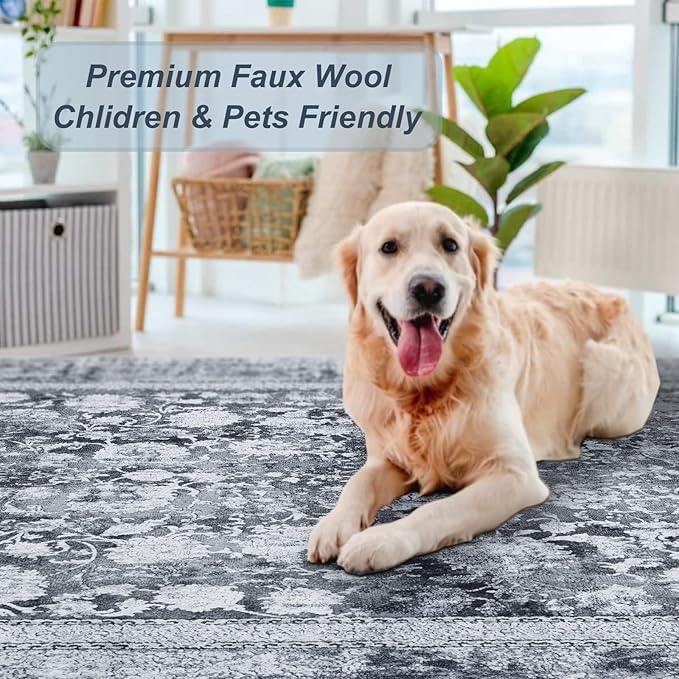 Area Rug 6×9, Large Vintage Boho Rug,Ultra-Soft Low Pile, Washable, Non Slip,Stain Resistant, Printed Carpet for Living Room Bedrooms Playroom Office Kitchen, Solid/Grey