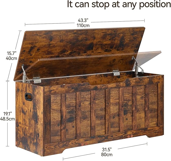 43.3"Storage chest extra large,storage trunk with 2 safety Hinges,Wooden storage Bench,Shoe Bench,43.3x15.7x19.1 Inch,Easy Assembly,storage bench for bedroom,living room,entryway,Rustic Brown