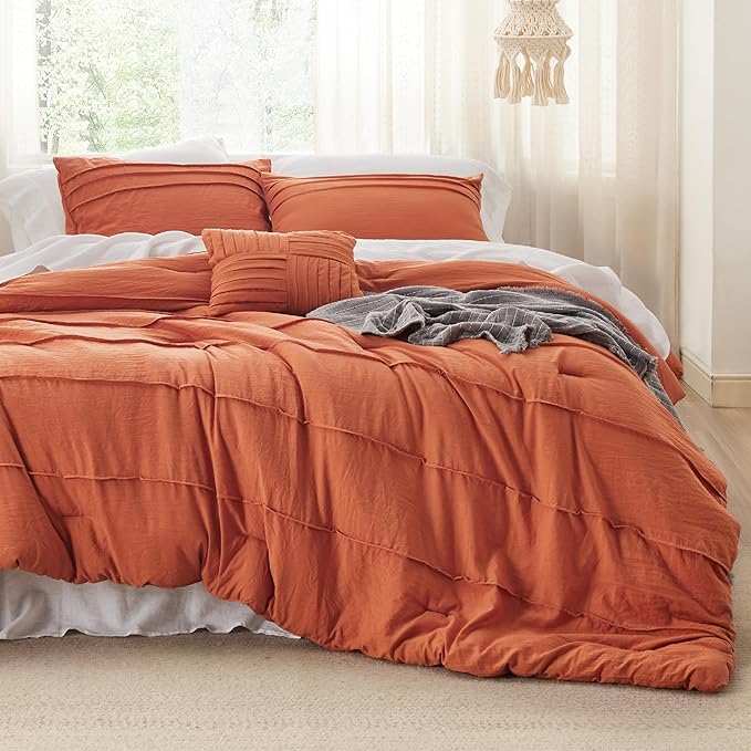 Bedsure King Comforter Set - 4 Pieces Pinch Pleat Bed Set, Burnt Orange Boho Bedding for All Season, 1 Soft Comforter, 2 Pillowcases, 1 Decorative Pillow