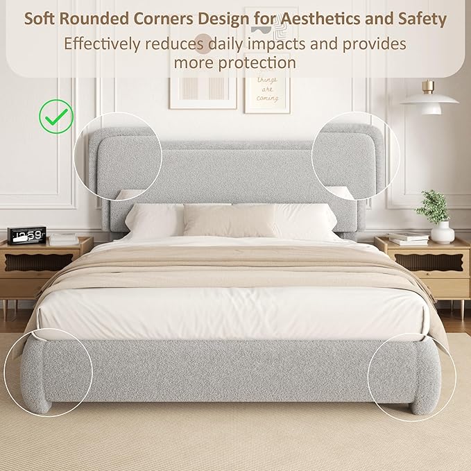 Full Size Platform Bed Frame with Headboard, Boucle Upholstered Desige, Anti-Collision Corners, Soft Rounded Corners, No Box Spring Required, Easy Assembly, Noise Free
