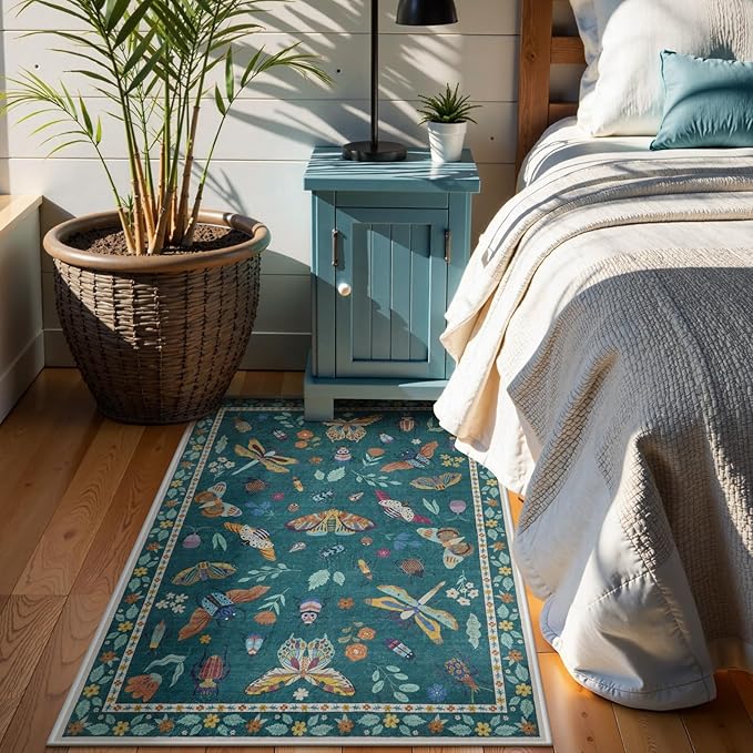 Lahome Insect Washable Small Area Rug, 3x5 Area Rug for Bedroom Living Room, Non-Slip Soft Accent Throw Carpet for Kitchen Office Entryway Bathroom Office, Dark Green