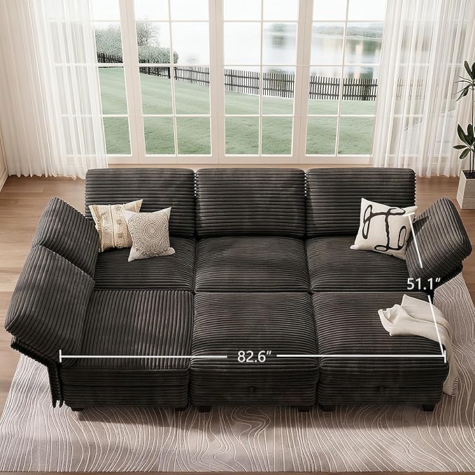 Modular Sectional Sofa with Adjustable Backrest, Convertible L/U-Shaped Sleeper Couch for Living Room, Cloud Sofa Bed Modern Reversible Design, Black