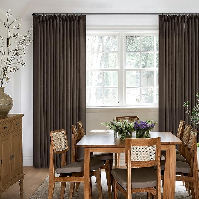 Dark Chocolate Pinch Pleated Linen Curtains 2 Panels for Living Room Bedroom Memory Training Shaped Semi Sheer Pleat Drapes with Hooks Rings Light Filtering Window Curtain 40x108