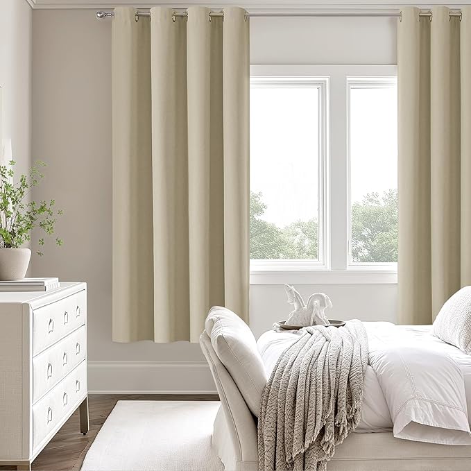 ChrisDowa 100% Blackout Tan Solid Curtains 72 Inches Long 2 Panels for Bedroom Living Room,Farmhouse Room Darkening Thermal Insulated Soundproof Grommet Top Window Treatment Drapes,52x72