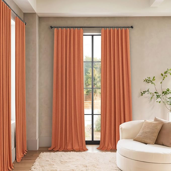 Burnt Orange 100% Blackout Window Curtain Panels Light Blocking Linen Boho Black Out Drape for Nursery 84 Inch Long Thermal Insulated Draperies for Living Room Bedroom Fall Decor 2 Pieces 52x84 Length