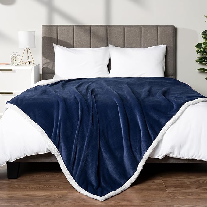 PAVILIA Sherpa Fleece Throw Blanket for Couch, Navy Blue, Plush Soft Fuzzy Sofa Blanket, Cozy Reversible Winter Throw for Women Men, 50x60 Inches