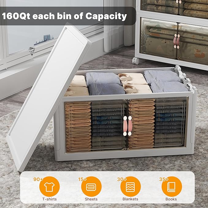 Extra Large Stackable Storage Bins with Lids & Wheels & Door, 1280QT-160QT/40GAL*8Pack Foldable Collapsible Closet Organizers, Plastic containers drawers for bedroom Dorm