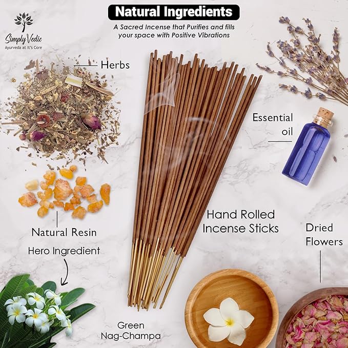 Simply Vedic Nag Champa Incense Sticks 250g with Holder – 135 Hand-Rolled Natural Agarbatti – No Charcoal, Long-Lasting Aromatherapy for Pooja, Home, Yoga, Meditation, Relaxation, Spiritual Healing