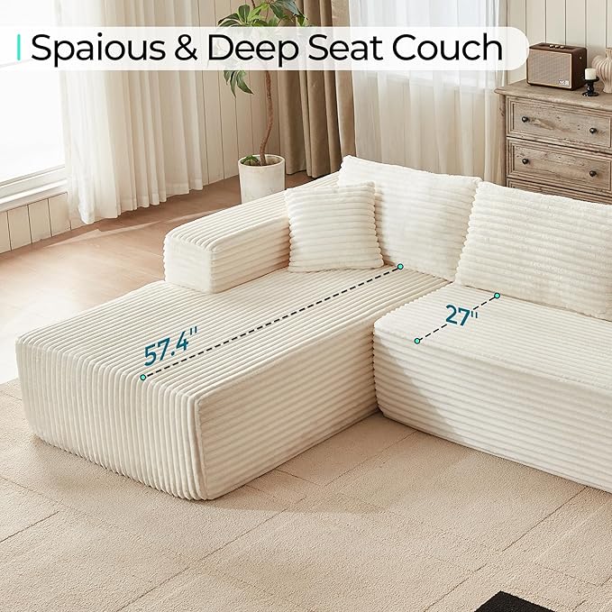 LINSY HOME Modular Sectional Sofa Boneless Cloud Couches for Living Room | Oversized Chaise, Deep Seat, Beige Cloud Couch, Plush Corduroy, L-Shape, No Assembly Required