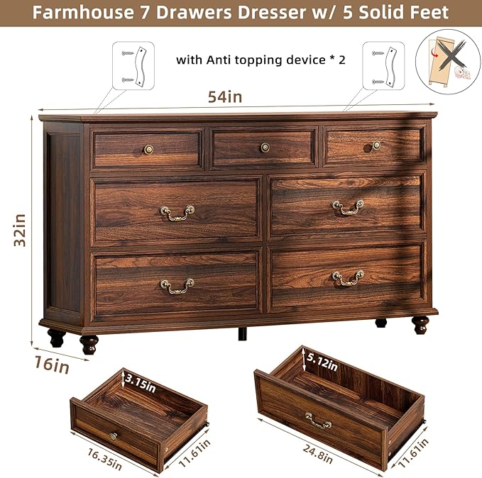Farmhouse Furniture Set, Nightstands Set of 2 and 7 Drawers Dresser for Bedroom, 54 Inch Wide Wood Dresser and 24" Night Stands with Charging Station for Bedroom, Living Room, Hallway