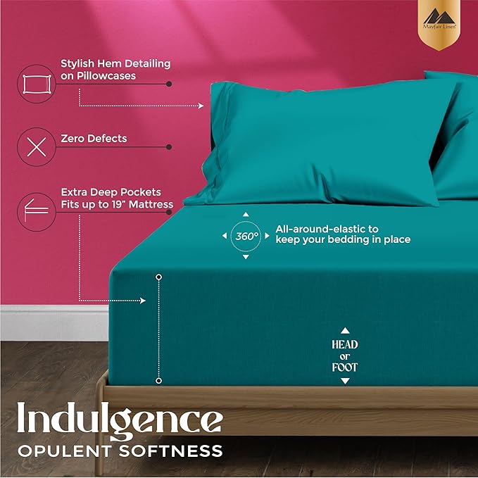 Mayfair Linen 100% Egyptian Cotton Sheets California King Size - 1200 Thread Count Cal King Size Sheets Set Egyptian Cotton, 4 PC Luxury Bedsheet (Teal), Soft, Cooling, 17" Deep Pocket Set