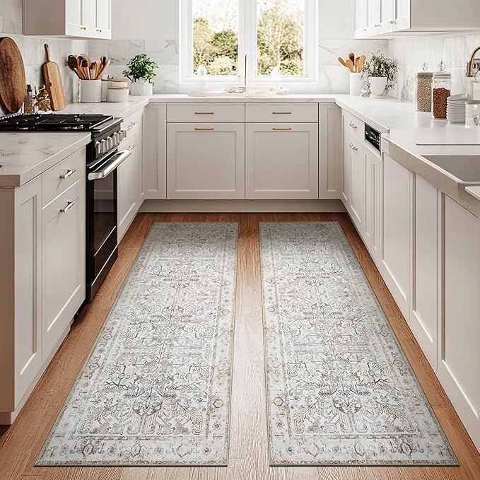 jinchan Lima Kitchen Runner Rug 3x8-2pcs, Bohemian Hallway Washable Rug Floral Non Slip with Rubber Backing Vintage Carpet Runner for Bedroom Bathroom Laundry Room Living Room Taupe