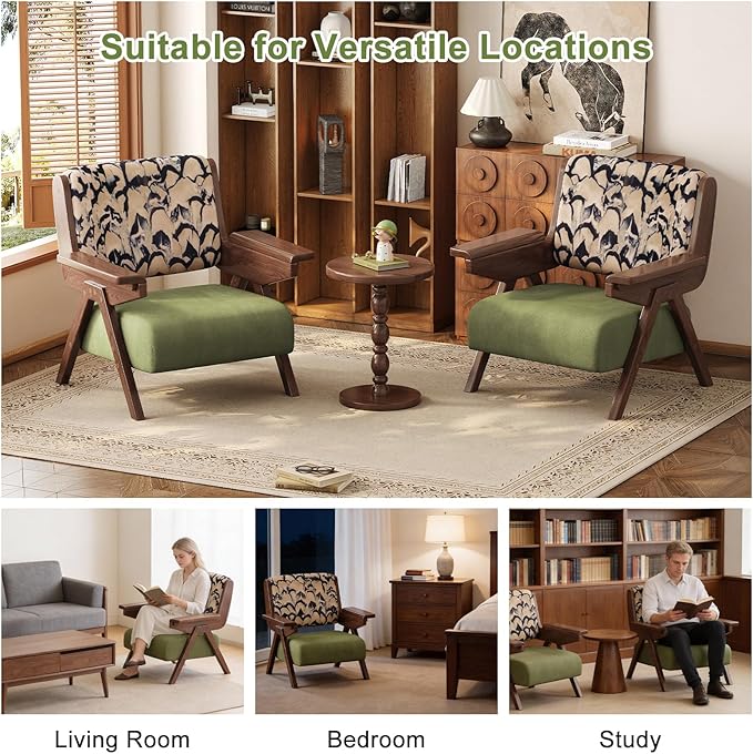 Accent Chair Mid Century Modern Chair, Velvet Upholstered Lounge Arm Chair with Solid Wood, Cozy Reading Chair for Living Room, Bedroom, Balcony (Feather Print, Single Chair)