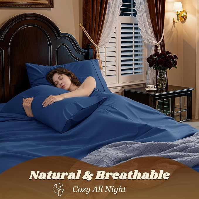 LBRO2M 1000 Thread Count 100% Cotton Sheets Set,Queen Size Bed Sheet 4 Piece Sets,Long Staple,16 Inches Deep Pocket,All Season,Bedding Super Soft Comforterble Breathable,Sateen(Navy Blue)