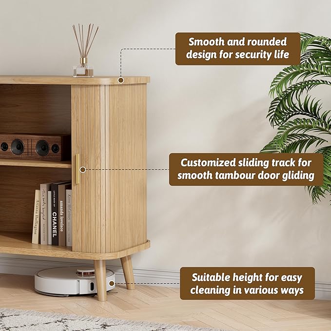 Buffet Cabinet with Storage, Curved-Edge Fluted Storage Cabinet Sideboard, Modern Black Sideboard Buffet with Adjustable Shelves & Sliding Door for Dining Room, Kitchen, Entryway (Oak)