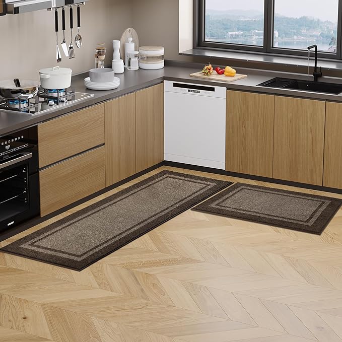 Kitchen Rugs 24" x 70", Non-Slip Machine Washable Kitchen Runner Rugs Floor Mats, Absorbent Comfort Standing Mats for Kitchen, Sink, Laundry and Hallway, Rolled Packaging, Grayish Brown & Coffee