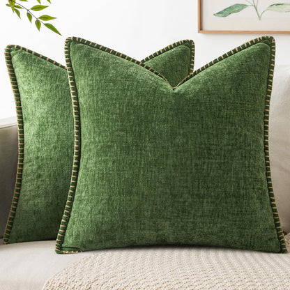 MIULEE Pack of 2 Fall Couch Pillow Covers 18x18 Inch Moss Green Farmhouse Decorative Throw Pillow Covers with Stitched Edge Soft Chenille Solid Dyed Pillow Covers for Sofa Bed Living Room
