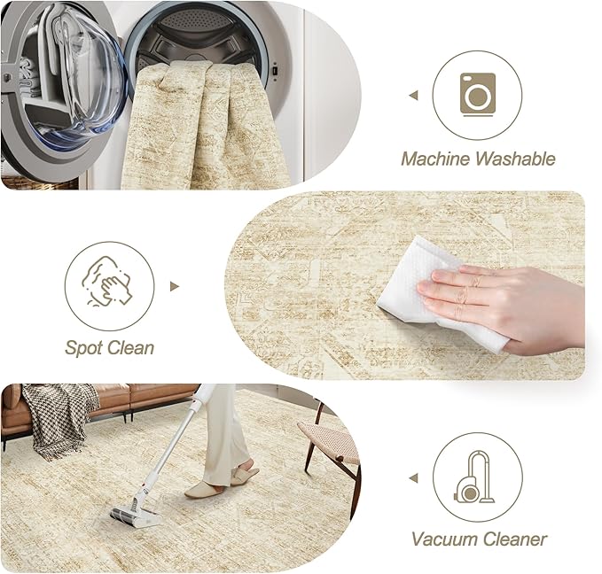 Washable Area Rug 10x14, Large Soft Rugs for Living Room Vintage Beige Rug 10x14 Area Rugs for Bedroom Dining Room Floral Non-Slip Thin Rug