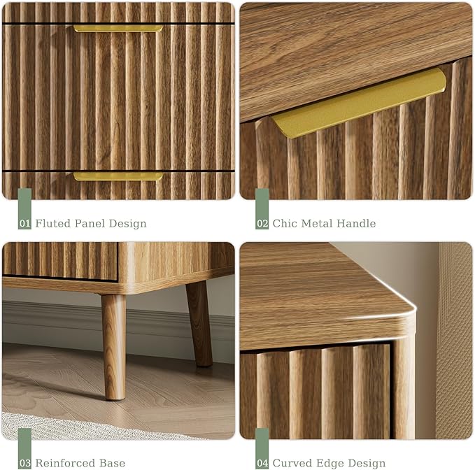 LYNSOM Fluted Dresser and Nightstand Sets 3 Piece, 6-Drawers Dresser and 1-Drawer Nightstands Set of 2, Wood Bedroom Furniture Set for Home, Bedroom, Hallway, Walnut