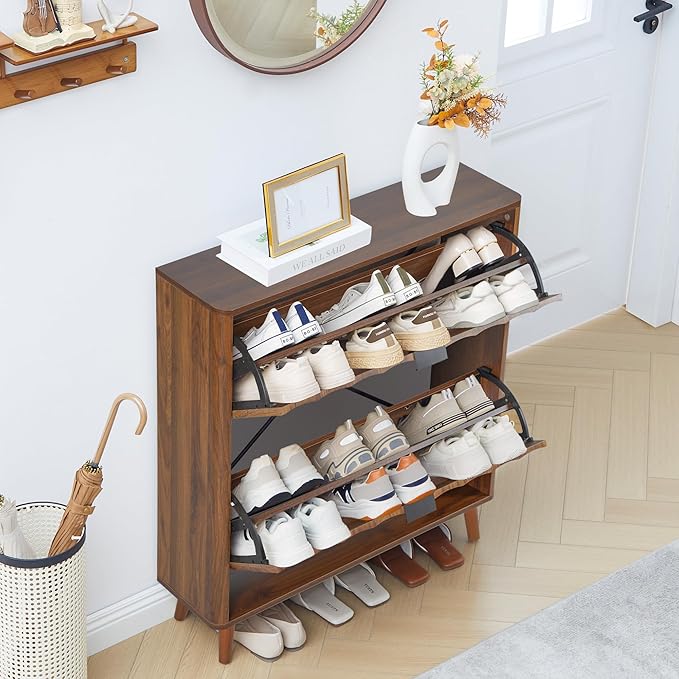 31.5” Fluted Shoe Cabinet Storage with 2 Flip Drawers,Narrow Freestanding Shoe Storage Organizer,Slim Shoe Rack Cabinet for Entryway,Hallway (Walnut)