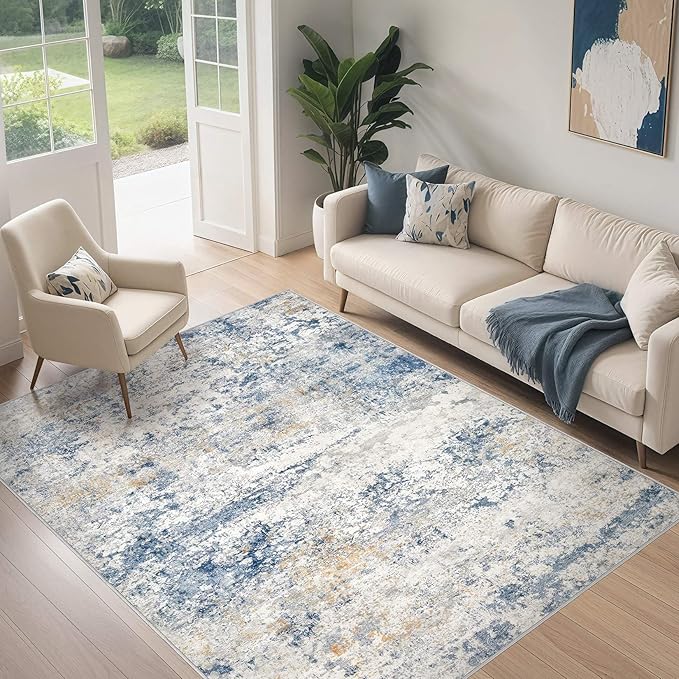 Area Rug Living Room Rugs - 5x8 Abstract Large Soft Indoor Washable Rug Neutral Modern Low Pile Carpet for Bedroom Dining Room Farmhouse Home Office - Blue