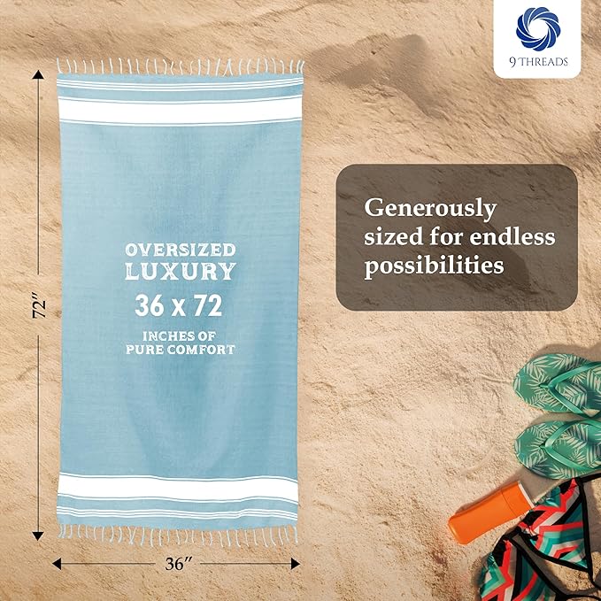 Cotton Turkish Beach Towel Towels Oversized 36"x72" Pool Absorbent Extra Large Quick Dry Sand Travel Towel (Aqua Blue, 2 Pack)
