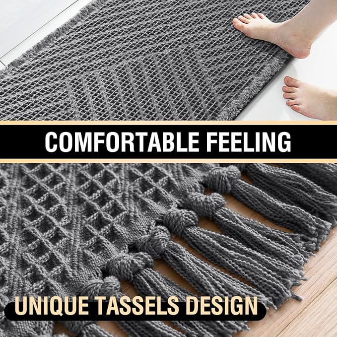 H.VERSAILTEX Waffle Bath Runner Rug Long Bath Mat Super Absorbent Boho Bath Rugs Non Slip Bath Runner for Bathroom Floor Machine Washable Dry Fast Bathroom Rugs with Tassels, 24" x 60", Gray