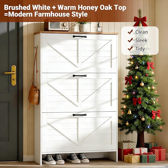 Nicetree Shaker Barn Door Shoe Storage Cabinet for Entryway, 3 Flip Drawers & 3-Tier Adjustable Shelves, Ultra Slim Freestanding, Modern Rustic Brushed White Farmhouse Shoe Rack for Hallway, Foyer
