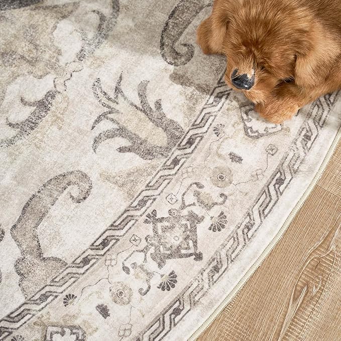 jinchan Round Rug 5ft Area Rug Indoor Vintage Floral Circle 5' Washable Ultra-Thin Low Pile Soft Small Non Slip Distressed Print for Living Room Dining Room Bedroom Entryway Taupe