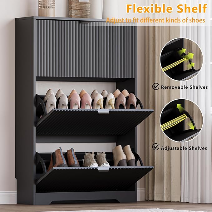 Entryway Shoe Cabinet with 3 Flip Drawers, Narrow Shoe Organizer Cabinet with Fluted Panel and Adjustable Shelves for Foyer, Hallway