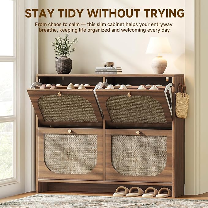 Nicetree Freestanding Ultra Slim Arched Rattan Accent Shoe Storage Cabinet for Entryway - 4 Flip Drawers & 3-Tier Adjustable Shelves, Farmhouse Modern Rustic Shoe Rack for Hallway, Foyer
