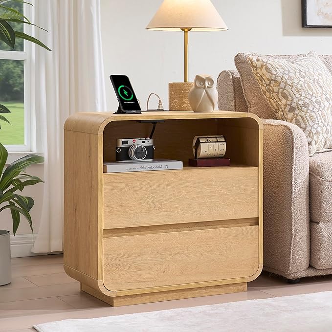 Modern Nightstand, 25" Tall Wood Bedside Table with Charging Station, 2 Storage Drawers Side Table, Large End Table Night Stand for Bedroom, Office, Sofa, Curved Profile Design, Natural