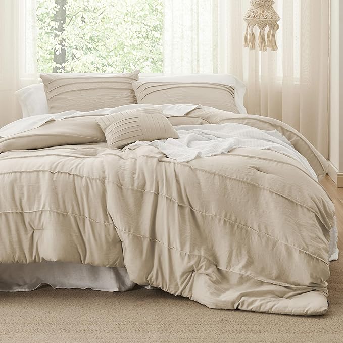 Bedsure Full Comforter Set - 4 Pieces Pinch Pleat Bed Set, Linen Boho Bedding for All Season, 1 Soft Comforter, 2 Pillowcases, 1 Decorative Pillow