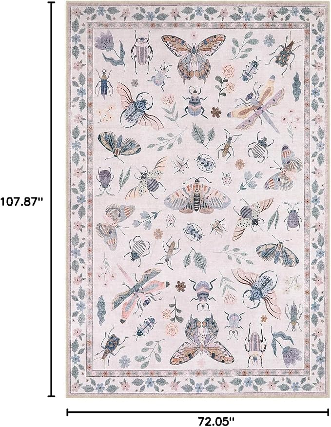Lahome Insect Print Washable Rugs for Living Room, Soft 6x9 Pink Rug for Bedroom Ultra-Thin Non Slip, Stain Resistant Modern Easy Clean Large Carpet for Dining Room Nursery Classroom(6'x9',Pink)