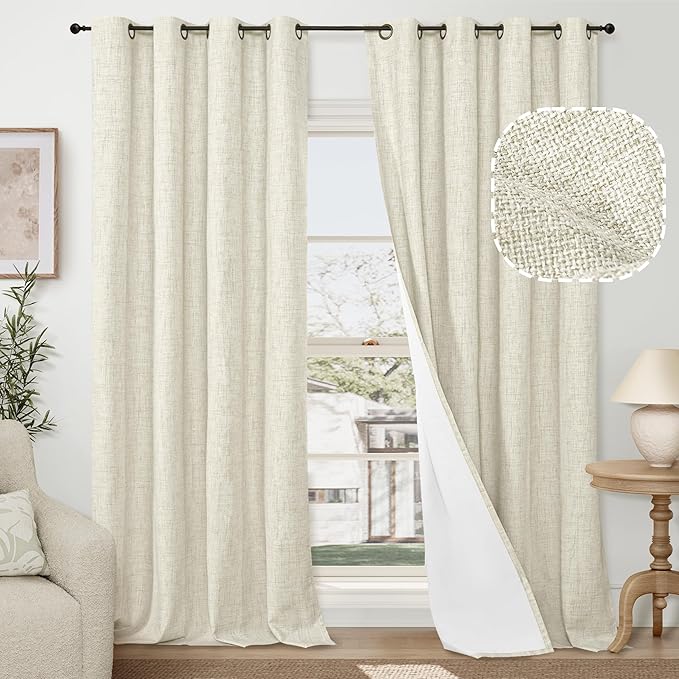 60 Inch Wide Linen Blackout Curtains for Living Room/Bedroom 84 Inch Length 2 Panels, Total Black Out Thermal Insulated Soundproof Grommet Boho Window Drapes White Liner for Modern Farmhouse, Natural